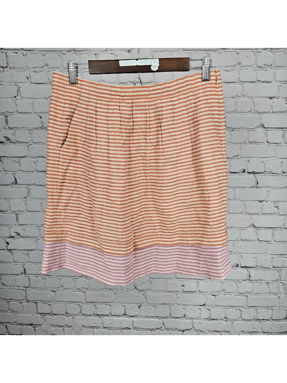 Loft Ann Taylor Orange Pink 100% Linen Striped Pleated Pockets Short Skirt 4
